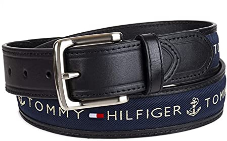 Tommy Hilfiger Men's Ribbon Inlay Fabric Belt with Single Prong Buckle, Black/Navy, 38