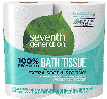 Seventh Generation Bath Tissue Toilet Paper Chlorine Free 2 Ply Toilet Paper 100% Recycled Paper 4 Count (Pack of 1)