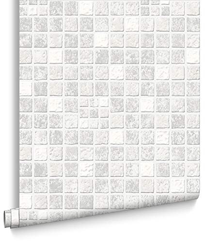 Contour Earthen Tile Effect Kitchen Bathroom Grey/White Washable Wallpaper | Paste The Paper | Grey Tiled | Eco-Friendly