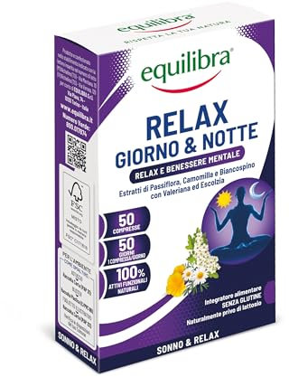 Equilibra Integratori Alimentari, Relax Giorno E Notte, Integratore A Base Di Estratti Vegetali Per Contribuire Al Rilassamento, Con Passiflora, Camomilla E Valeriana, 50 Compresse