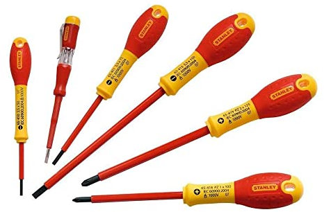 STANLEY FATMAX Juego de 6 Destornilladores Aislados, 3 Planos, 2 Phillips, 1 Test de Voltaje, Mango Bimateria Ergonómico, Aislamiento 1.000V a.c, Código de Color para Identificación, 0-65-441