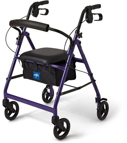 Medline Aluminum Rollator Walker with Seat, Purple, 250 lb. Weight Capacity, Lightweight, 6” Wheels, Foldable, Adjustable Handles, Rolling Walker for Seniors