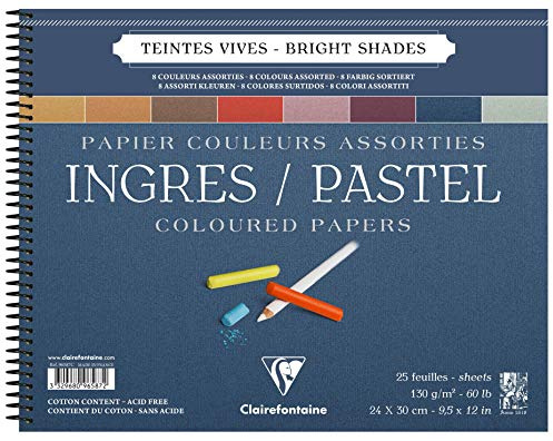 Clairefontaine 96587C Bloc Spiralé Ingres Pastel - 25 Feuilles Papier Ingres Vergé Teintes Vives Assorties - 24x30 cm 130g - Idéal pour le Dessin au Crayon, à la Sanguine ou au Fusain