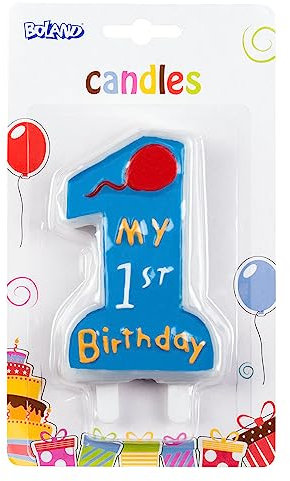 Boland 63411 - mini Candela di compleanno My 1st Birthday, numero 1, con portacandela, spina, blu, 1° compleanno, palloncino, per bambini, per torta, asilo