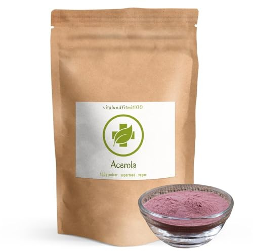 vitalundfitmit100 Acerola Pulver 100 g – Rohkost, aus reifen Acerola-Kirsche, vegan