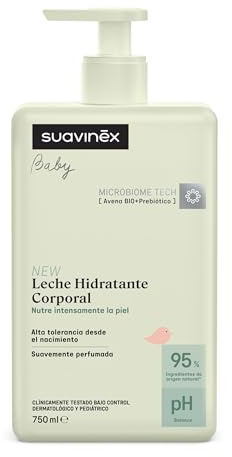 Suavinex, Crema Hidratante para Bebés, Leche Corporal Apta Pieles Sensibles y Recién Nacidos, Textura Ligera y Fácil Absorción, 95% Ingredientes Origen Natural, con Prebiótico, Perfume Suave, 750 ml
