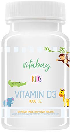 Vitabay Vitamin D3 1000 IE • 120 vegane Lutschtabletten für Kinder • Zum lutschen und kauen • natürliche Süße ohne künstliche Aromen • Made in Germany