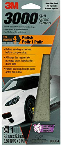 3M Performance 3000 Grit Sandpaper, 3-2/3 in x 9 in, Polish Clear Coat and Paint, Restore Shine, Ideal for Detailed Finishing and Polishing, Very Fine Grade Abrasive for Refined Finishes (03064)