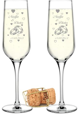 Dos Copas De Champán Leonardo Cheers Regalos Personalizados Copas Cava con diseño grabado color dos anillos con muchos corazones