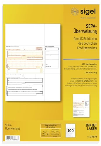SIGEL ZV570 SEPA-Überweisungen, A4, 100 Blatt, Überweisungsträger / Zahlschein, mit gratis Beschriftungsvorlage