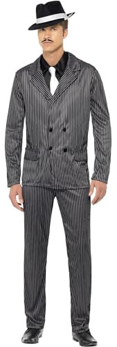 Smiffys Gangster Kostüm, Nadelstreifen-Jacke und Hose, Hemdfront und Schlips Halloween