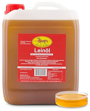Scheidler horse-direkt Leinöl für Pferde, Hunde & Katzen 5 Liter – Mühlenfrisch kaltgepresstes Leinsamenöl ohne Zusätze – Reich an Omega 3 & 6 für Fellwechsel/Barf Öl – Aus Deutschland