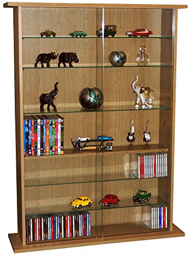 WATSONS BOSTON 2-Door Oak Effect Display Cabinet – Freestanding Glass-Front Unit with Shelves for Collectibles & Decor