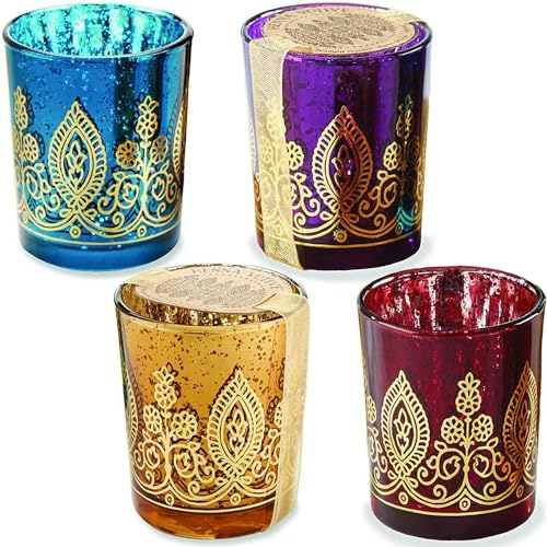 Kate Aspen Indian Jewel Henna Glass, Tealight Candle Holders Votives, Set of 4