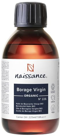 Naissanec Ekologisk Borage Fröolja (Stjärnblomma) (nr. 226) 225ml - Naturlig, Certifierad Organis - För Hud, Ansikte, Kropp, Hår, Massage