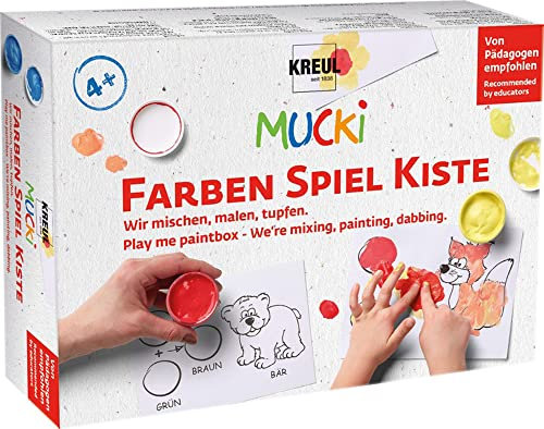 KREUL 29100 - Mucki Fingermalfarbe, Farben Spiel Kiste, Wir mischen, malen, tupfen, Lern- und Spielset, 5 x 50 ml Fingerfarbe, 2 kleine Dosen zum Farbe mischen sowie 10 Malvorlagen