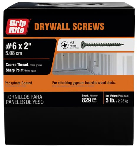Grip-Rite Coarse Thread Drywall Screws - #2 Phillips Bugle Head - Sharp Point - for Attaching Drywall to Wood Studs - Phosphate Coated - 5 Lb Box - #6 X 2 Drywall Screws - 2CDWS5