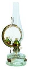 Lampada a petrolio media, con specchio, design antico, con serbatoio in vetro trasparente, decorativa, con porta stoppino color oro e supporto in ottone, in vetro soffiato a bocca, altezza ca.32,5 cm