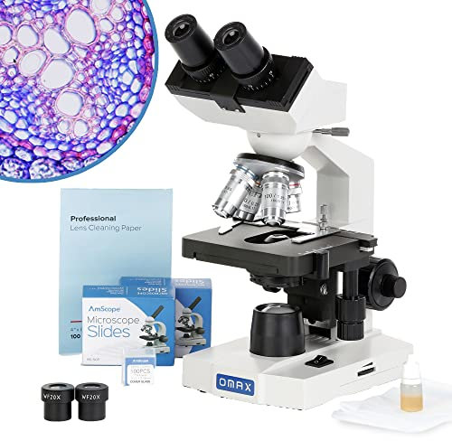 AmScope M82ES-SC100-LP100 OMAX Zusammengesetztes LED-Binokularmikroskop mit Leeren Objektträgern und Abdeckungen, Linsenreinigungspapier, 40x-2000x