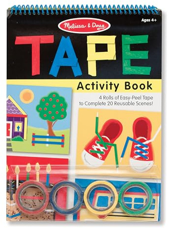 Melissa & Doug Tape Activity Book for Kids with 4 Easy-Tear Tape Rolls (Blue, Green, Red, Yellow) & 20 Reusable Scenes on Spiral-Bound Sheets, Road Trip Activities & Travel Toys for Kids Ages 4+