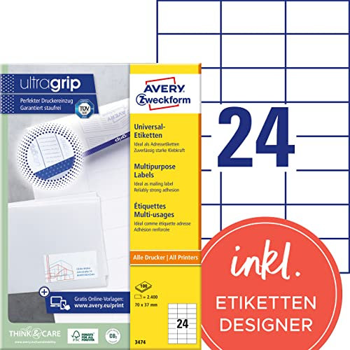 AVERY Zweckform 3474 Adressaufkleber (2.400 Klebeetiketten, 70x37mm auf A4, Papier matt, bedruckbare Absenderetiketten, selbstklebende Adressetiketten mit ultragrip) 100 Blatt, weiß