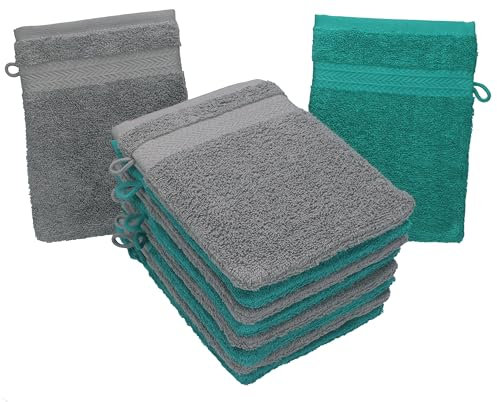 Betz 10 Stück Waschhandschuhe Premium 100% Baumwolle Waschlappen Set 16x21 cm Farbe smaragdgrün und anthrazit