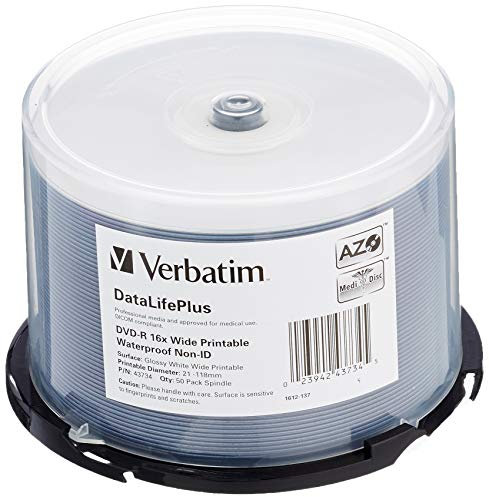 Verbatim DVD-R 16x Wide Printable Waterproof 4.7GB, DataLifePlus, 50er Pack Spindel, DVD Rohlinge bedruckbar, 16-fache Brenngeschwindigkeit wasserfest, DVD-R printable, DVD leer