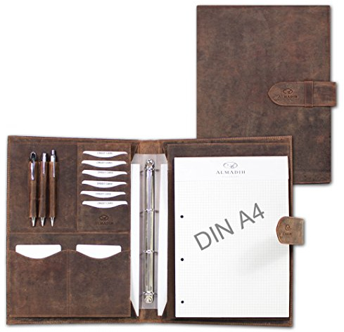 ALMADIH A4 Konferenzmappe aus Rindsleder + herausnehmbares Ringbuch + Schreibblock - Braun Vintage - Ledermappe Leder Schreibmappe Aktenmappe Organizer Dokumentenmappe Terminplaner (Braun Vintage)