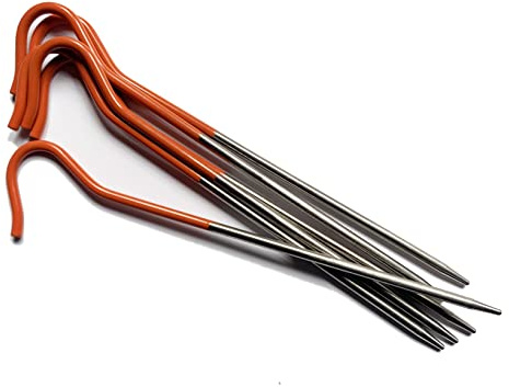 Vargo Titanium Shepherds Hook Stake with Fluorescent Orange Head (6 Pack) | Camping Tent Stakes | 0.3 Ounces (8 Grams) 6.5” L x 0.14” D (165 x 3.5mm) | Ultralight Durable Tent pegs | Model T-117