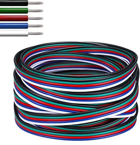 EvZ 22 AWG 5-Pin RGBW LED Extension Cable (33ft/10m) - 5 Conductor 22 Gauge Parallel Hookup Wire for 5050 3528 RGB+White LED Strips, 12V/24V DC Ribbon Lights, Flexible tinned Copper (B-G-R-B-W)