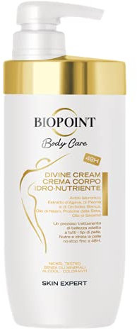 Biopoint - Crema Corpo Divine Cream, 3% Siero con Acido Ialuronico, Betaina e Glicerina, Nutre e Idrata Donando una Profumazione Unica e Raffinata alla Pelle, 500 ml
