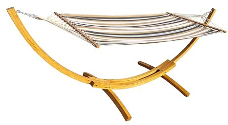 vanvilla Hängematte mit Gestell aus Lärche natufarben Lagarde 320cm x 120cm, Hängematte braun/Creme gestreift, Edelstahlteile, Hängemattengestell Holz