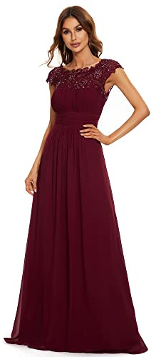 Ever-Pretty Plus Vestidos de Fiesta Cuello Redondo Encaje Gasa Corte Imperio A-línea Talla Grande para Mujer Burdeos 38
