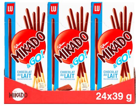 LU - Mikado Pocket Chocolat au Lait - Biscuit Chocolat au Lait pour le Goûter des Enfants - Lot Gateaux Sachet Individuel - Fabriqué en France - Format Poche Pratique - Présentoir de 24 Boîtes de 39 g