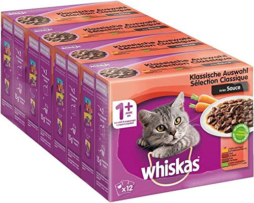 Whiskas 1+ Katzennassfutter – Klassische Auswahl in Sauce – Hochwertiges Nassfutter in 48 Portionsbeuteln für eine glückliche Katze ab 1 Jahr – Katzenfutter – 4er Pack (4 x 12 Portionsbeutel à 100g)