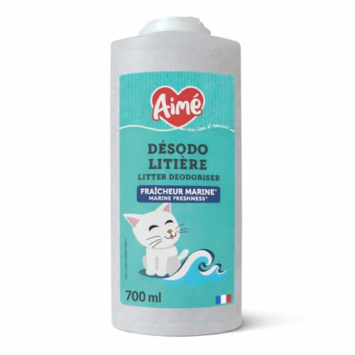 Aimé | Désodorisant Litière Chat Anti-Odeurs 700ml | Granulés Absorbeur Fabriqués à partir de Tobermorite | Désodorisant qui Absorbe les Odeurs | Senteur Marine