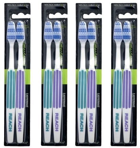 REACH Essential Care Interdental Medium Toothbrush, Duo Pack x 4, Full Head Hard Bristle Manual Toothbrushes, Variety Colors Multipack, Daily Oral Enamel Dental Care