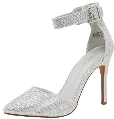 DREAM PAIRS Women's High Heel Party Court Shoes Stiletto Pointed Toe Ankle Strap D'Orsay Pumps Shoes Oppointed-Ankle,Size 7,Silver/Glitter,Oppointed-Ankle