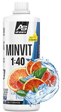 ALL STARS MINVIT Getränkekonzentrat – Intensiver Geschmackssirup mit Vitaminen und Mineralstoffen – zuckerarmer Getränkesirup für 40L Getränk – 1 Liter (Blutorange)