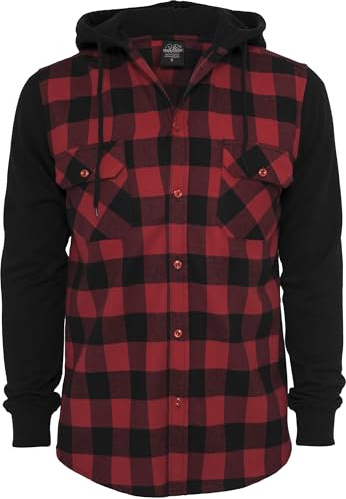 Urban Classics Herren Regular Fit Freizeit Hemd Hooded Checked Flanell Sweat Sleeve Shirt, Gr. Large, Mehrfarbig (blk/red/bl 283)