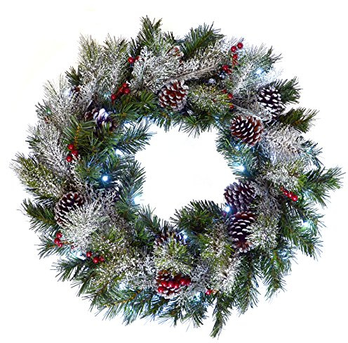 SPARKLES 24 (61cm) Light Up LED Green Snow Frosted Christmas Xmas Wreath Door Decoration, Polyester, Neutral, one Size