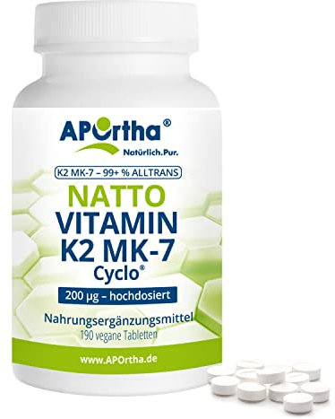 APOrtha Vitamin K2 MK7 200 µg 99+% ALL-Trans, 190 Tabletten hochdosiert vegan, Hochwertiges Natto K2 Vitamin leicht zu schlucken Nahrungsergänzung Vit K2, Vitamin K 2 Alternative zu K2 Tropfen Kapseln