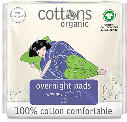 Cottons Overnight Sanitary Pads for Women, 100% Organic Cotton, Hypo-Allergenic, Breathable, Heavy Flow, 10 Count (Pack of 1)
