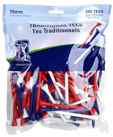 PGA Tour 200 Tee da Golf Professionali in Legno da 70 mm, Rosso, Bianco, Blu