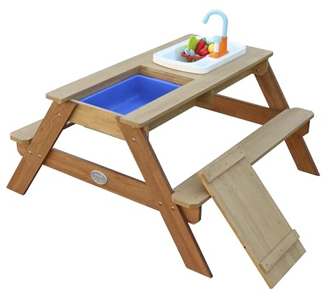AXI Emily Mesa de Picnic de Agua y Arena para ninos Hecha de Madera | con Tapa, recipientes y Fregadero | Marron para el Jardin.