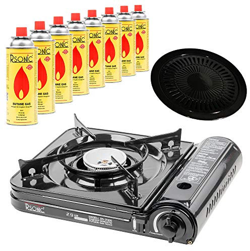 Campingkocher Gaskocher Tragbarer Turbo Gaskocher 2,9 kW RS-3500 Gasgrill Gasbrenner (Kocher mit Grill + 8 Kartuschen)