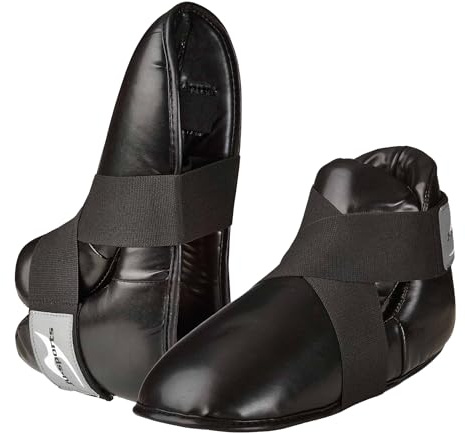 Ju-Sports Fußschutz - schwarz I Gepolsterter Kampfsport & Kickboxen Fußschutz mit Klettband & Zehenschlaufen I Kunstlederbespannte Schaumstoffdämpfung I Größe S