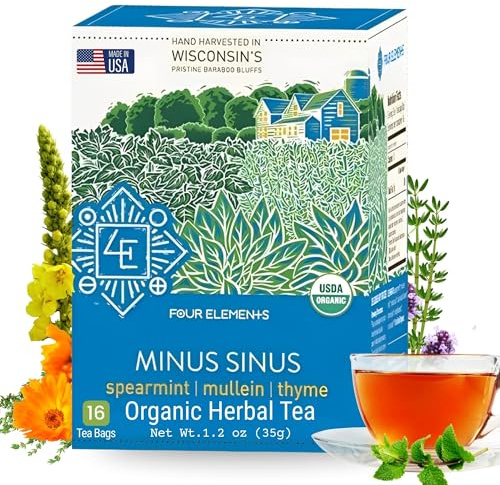 Four Elements Minus Sinus Tea [16 Teabags, 1.2 oz] | Organic Spearmint Tea with Mullein & Thyme | Caffeine Free Herbal Blend with Refreshing Aroma & Comforting Flavor | Enjoy Hot or Iced Latte