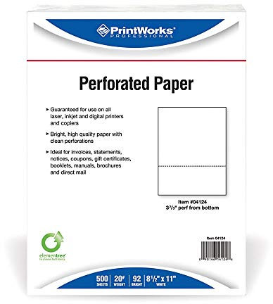 PrintWorks Professional 3 2/3 Horizontal Perforated Paper 8.5” x 11” - Perfect For W-2, 1099, & Statement Use - Made in the USA - 500 Sheets - 20 lb - Printer Compatible - White (04124)