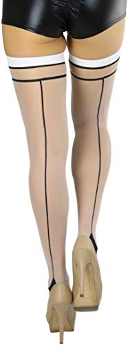 ToBeInStyle Women's Sheer Two Tone Thigh Hi Stocking W/Back Seam - One Size - White W/Black Design